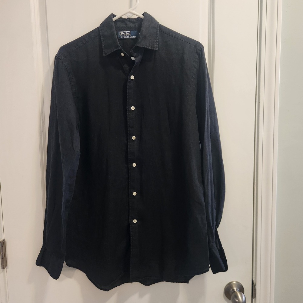 Polo Ralph Lauren Mens Black Linen Long Sleeve Button Down Shirt Small